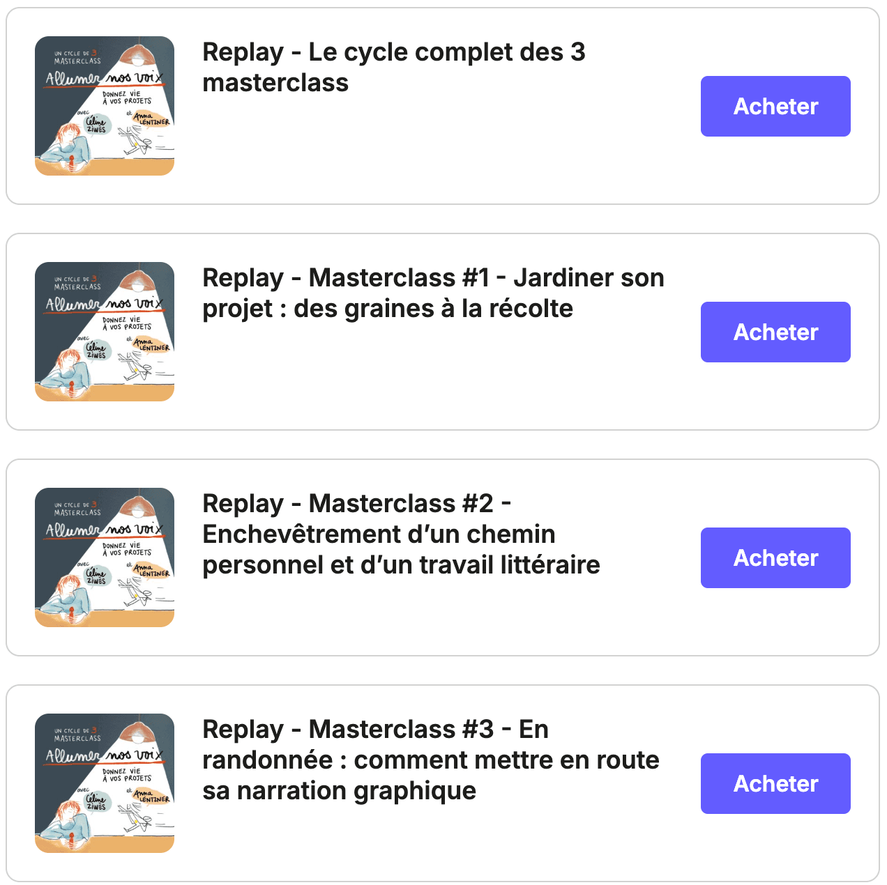 Les replays des masterclass : le cycle complet et les trois masterclass à l’achat