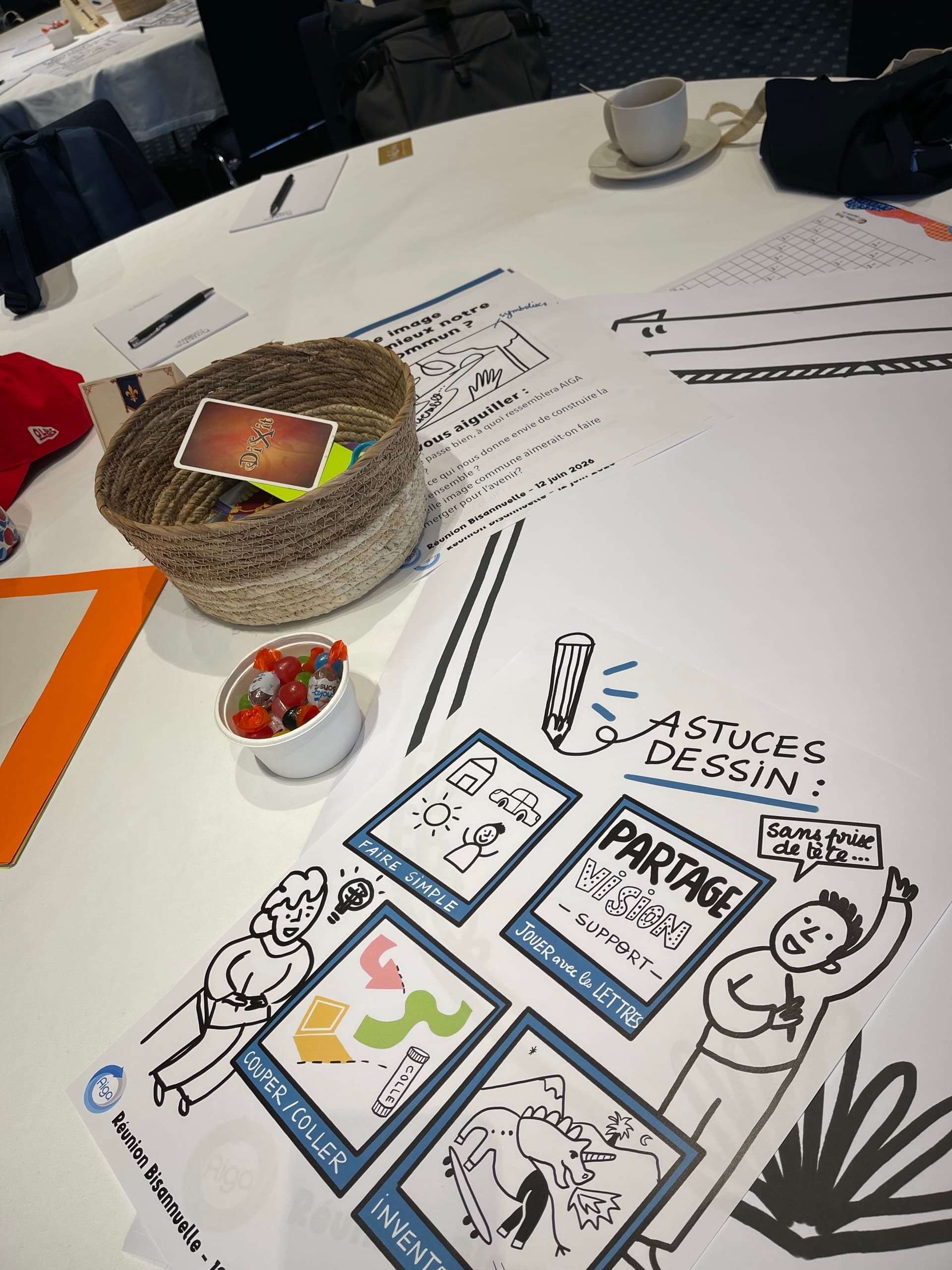 Atelier visuel collectif autour d’une table couverte de dessins