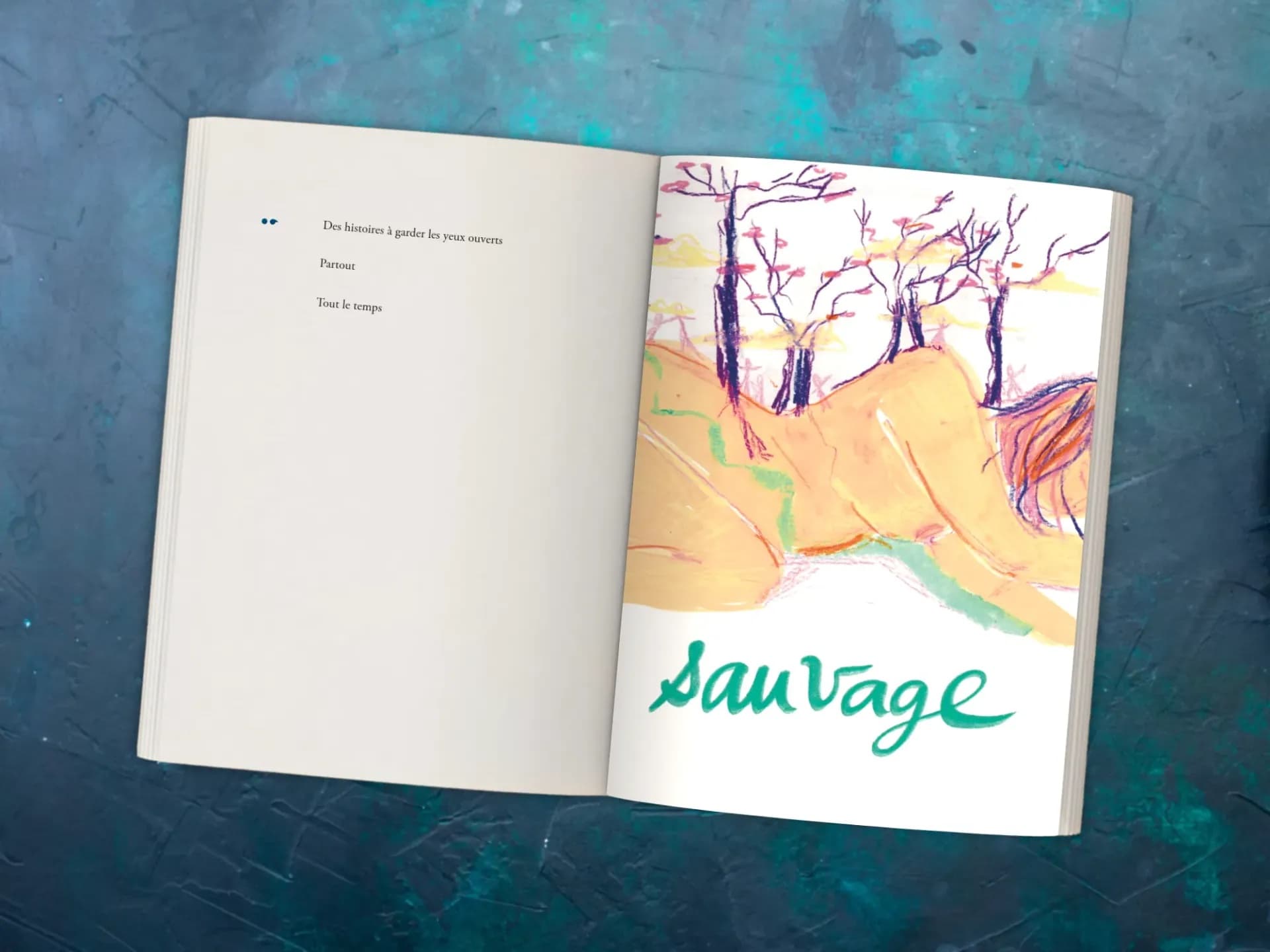Double page de Wondermama : une silhouette allongée et le mot « sauvage »